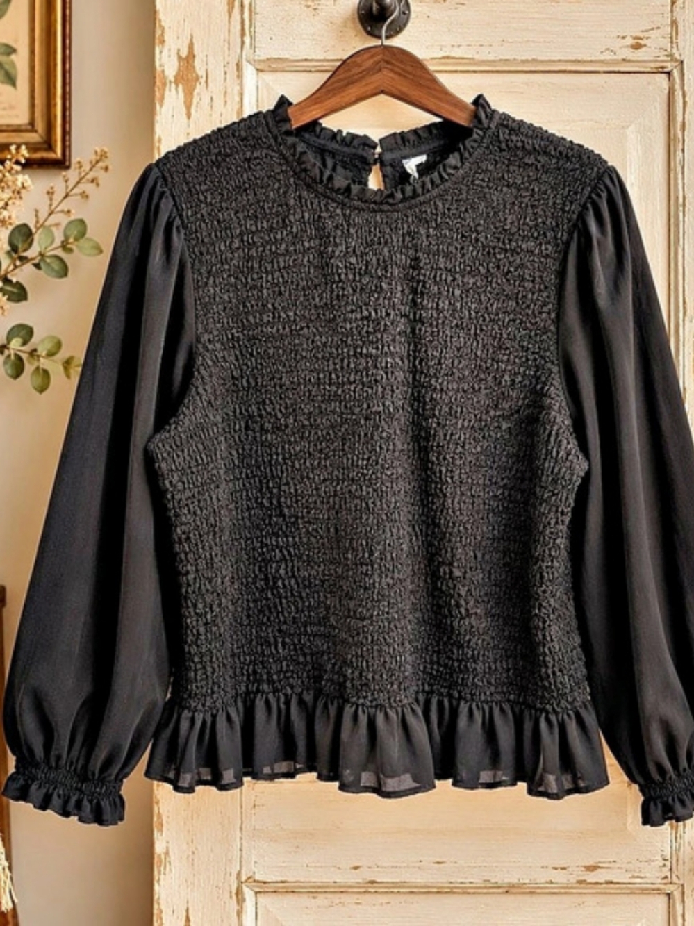Black Smocked Ruffle Blouse PTP 23" Sheer Bishop Sleeve Romantic Goth